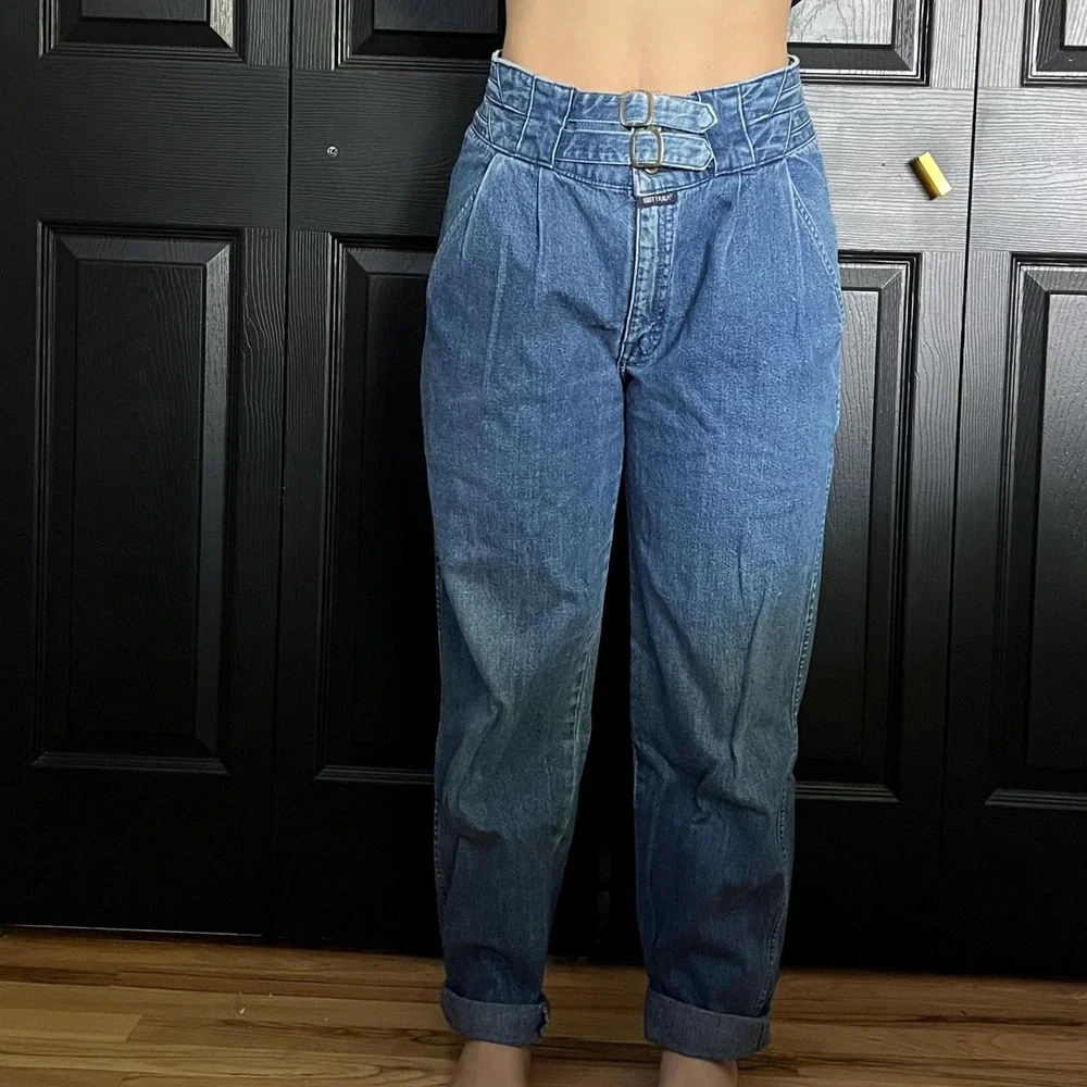 vtg‎ 80s Brittania dark denim mom jeans front double buckle size 11 tapered